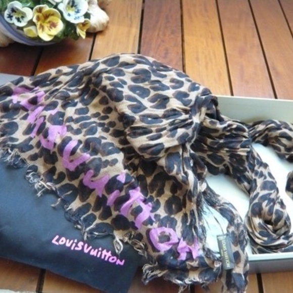 Louis Vuitton Monogram Logo Scarf with Leopard Print in Red Silk